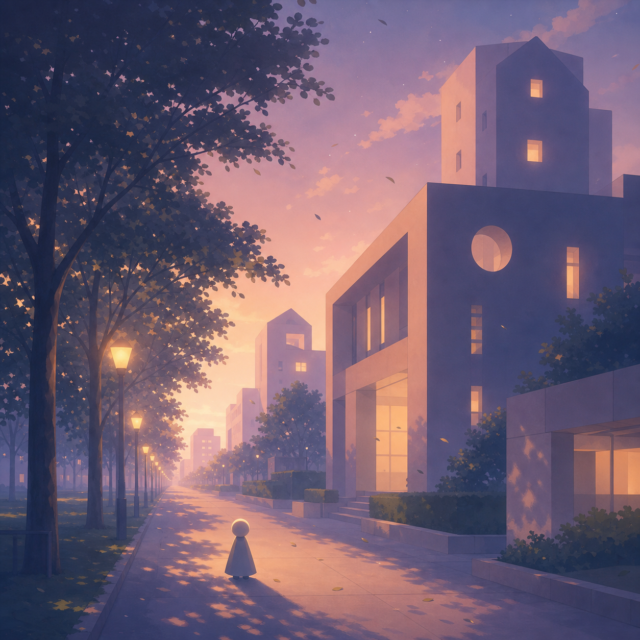 A campus road at dusk