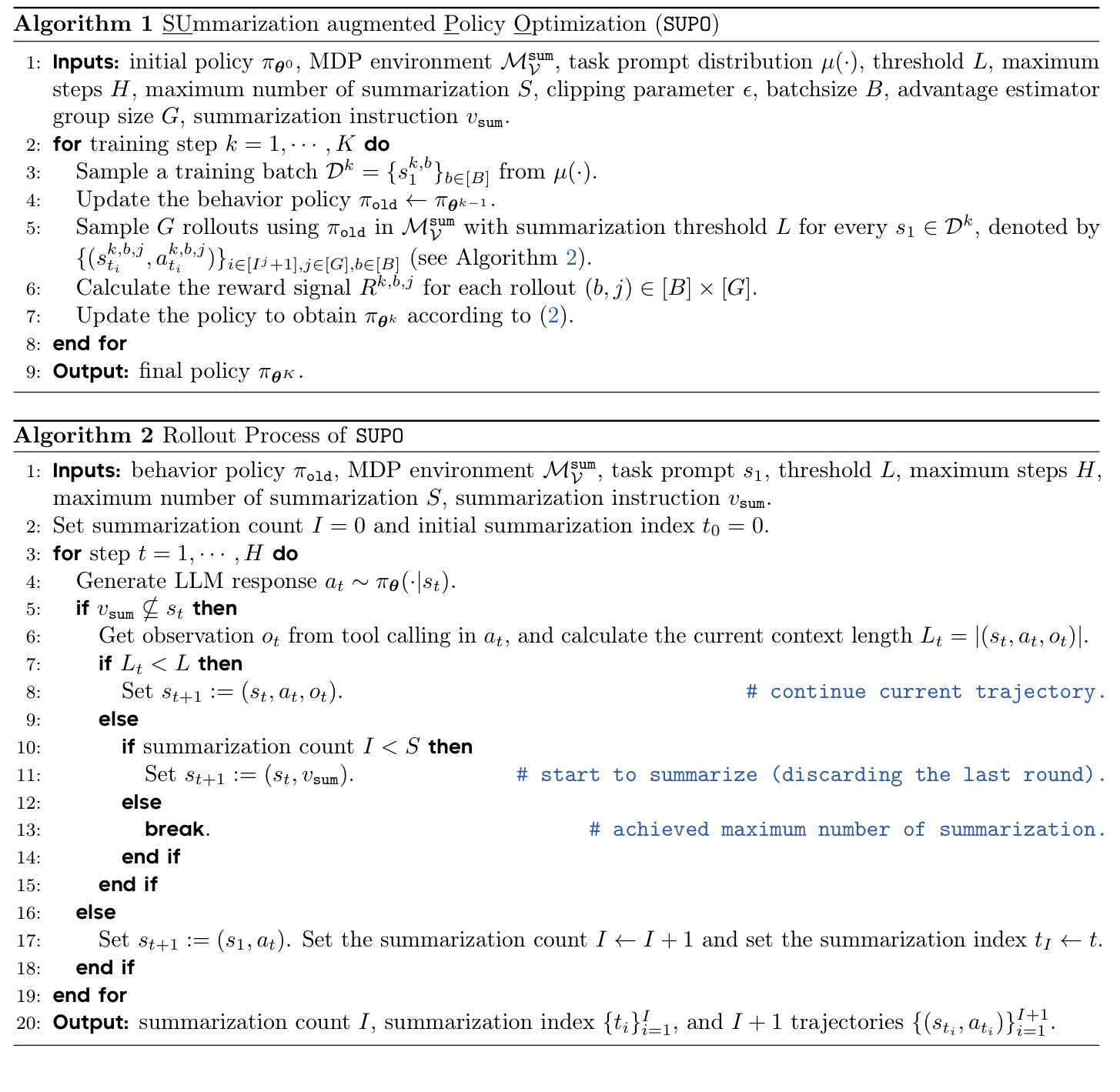 Algorithm 1/2: SUPO 训练主循环与 rollout 过程